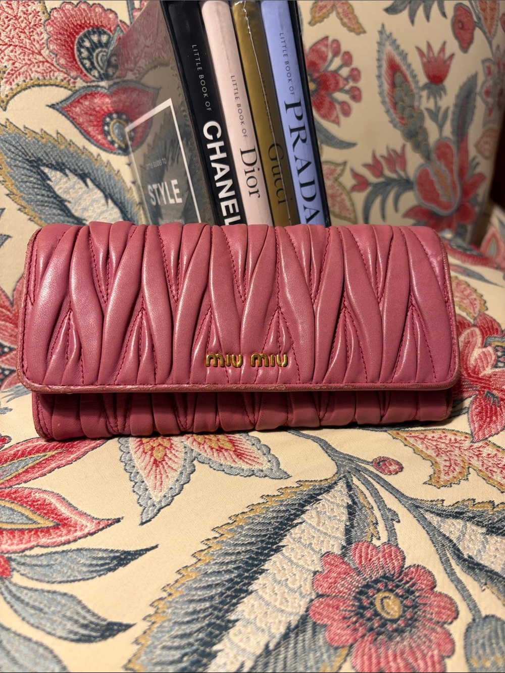 Miu Miu Quilted Leather Long Wallet in Rose Pink with Gold Logo GUC Vintage